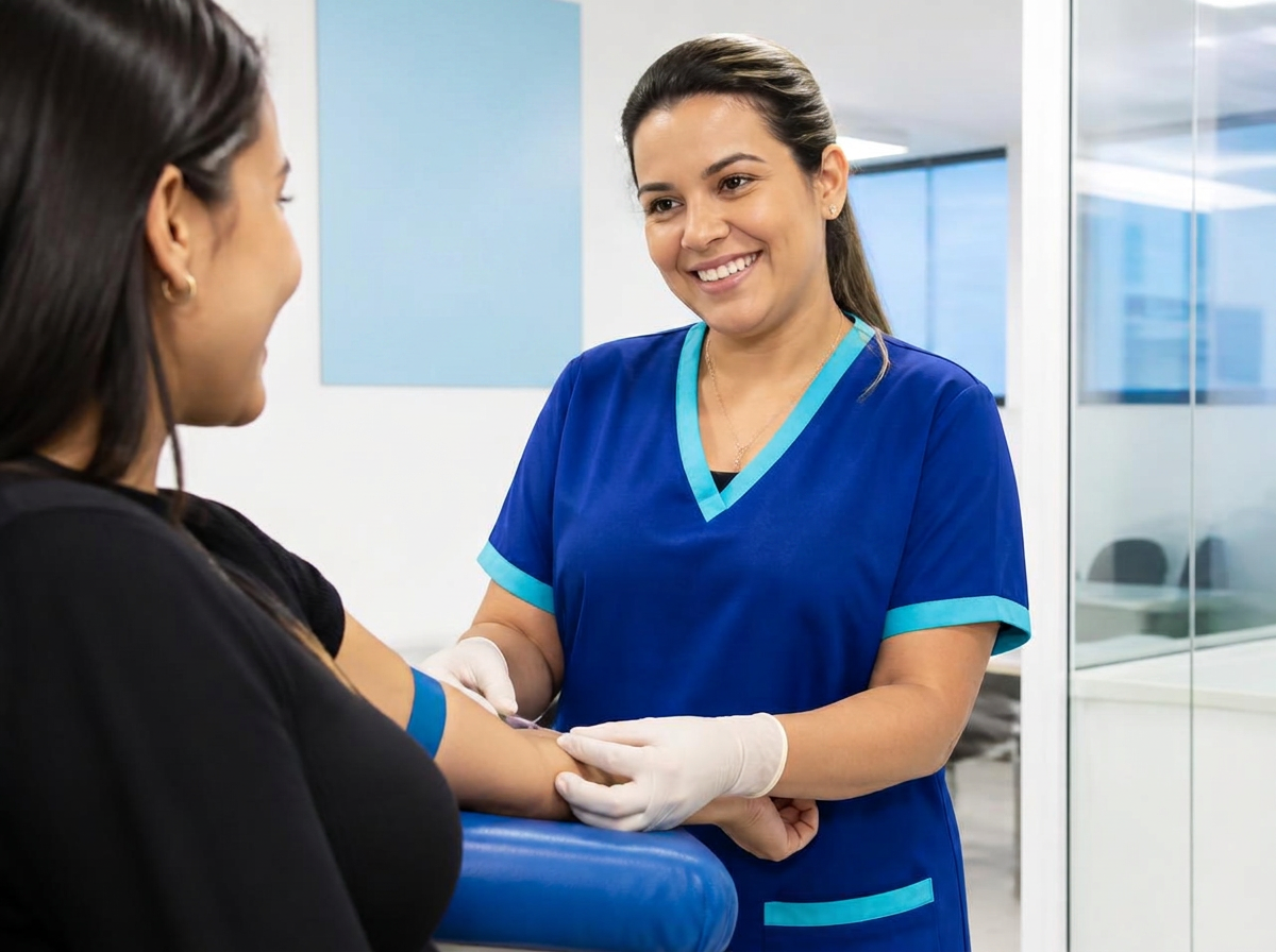 Profissional da Viva Clinic realizando coleta de sangue em paciente no Cabo de Santo Agostinho